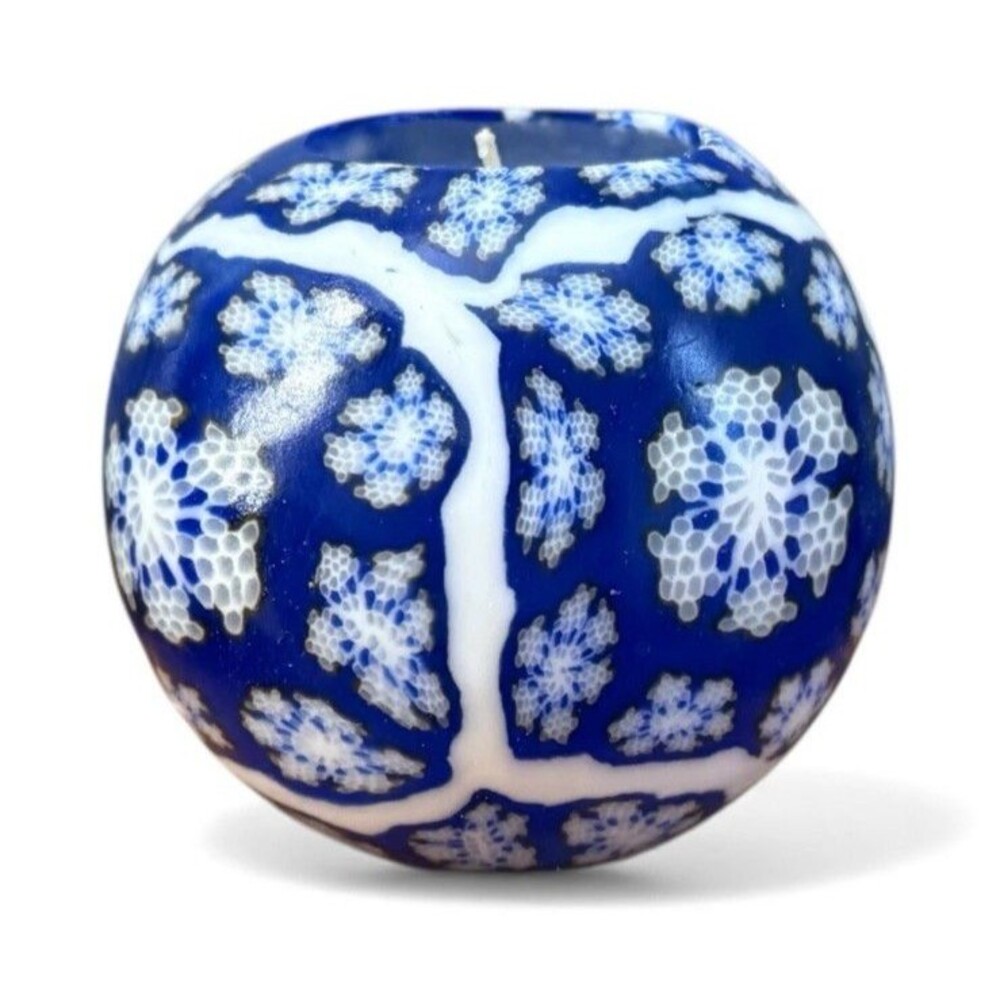 New Vintage Glowing Candle Round Design 3.5”x3” Atalanta Blue & White Snowflake
